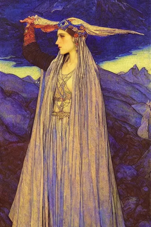 Prompt: queen of the moonlit mountains with her regalia, by Annie Swynnerton and Nicholas Roerich and jean delville, dramatic cinematic lighting , ornate headdress , flowing robes, lost civilizations, extremely detailed