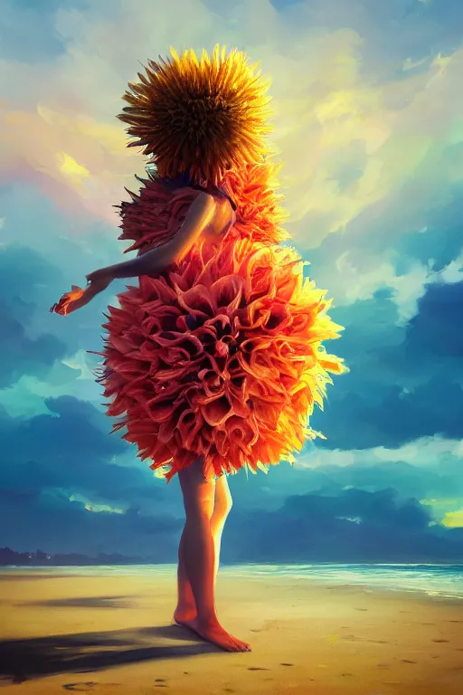 Image similar to closeup huge dahlia flower head, girl with dress on beach, surreal photography, blue sky, sunrise, dramatic light, impressionist painting, digital painting, artstation, simon stalenhag