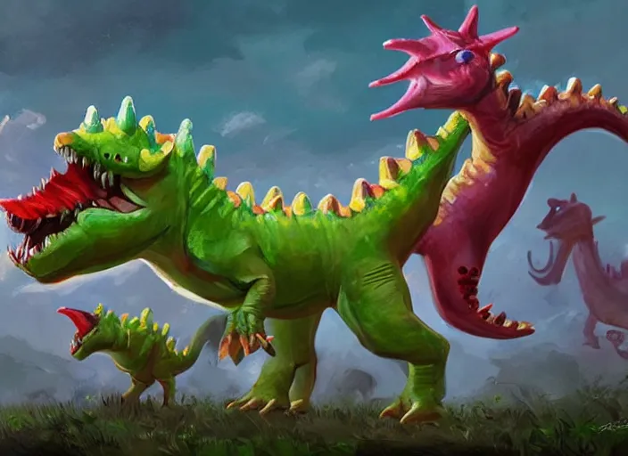 Image similar to concept design of cute candy dinosaurs for a aaa game, oil painting by eren arik and jama jurabaev, extremely detailed, brush hard, artstation, high quality, brush stroke