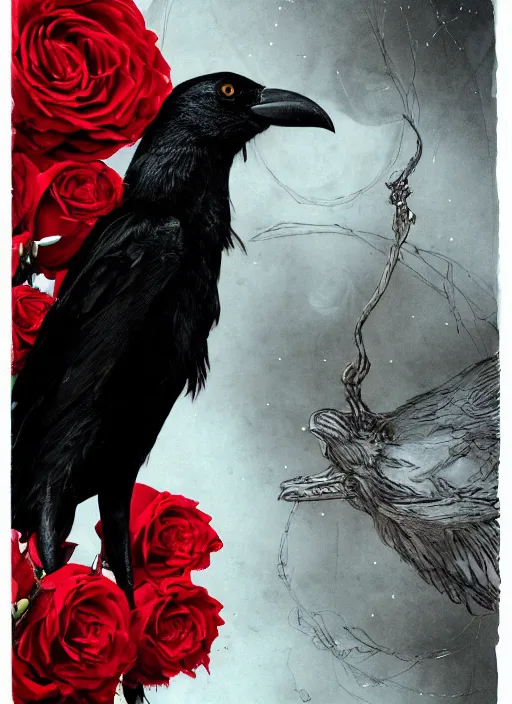 Image similar to portrait, A crow with red eyes in front of the full big moon, book cover, red roses, red white black colors, establishing shot, extremly high detail, foto realistic, cinematic lighting, pen and ink, intricate line drawings, by Yoshitaka Amano, Ruan Jia, Kentaro Miura, Artgerm, post processed, concept art, artstation, matte painting, style by eddie mendoza, raphael lacoste, alex ross