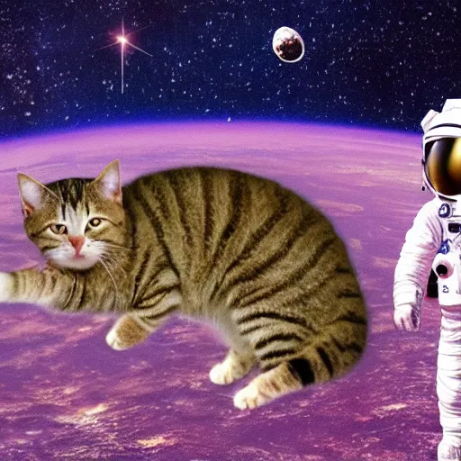 Image similar to an astronaut cat hugging the earth with the milky way in the background, colorful, Hayao Miyazaki