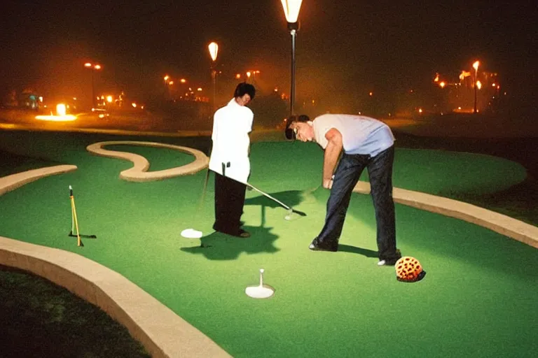 Image similar to tony stark playing mini golf in nevada, fog, mid night, 2000s photo