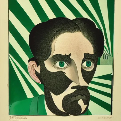 Image similar to young man, long hair, short facial hair, no mustache, dark green eyes, dark eyebrows, light widows peak light facial hair, in the style of mauritz cornelis escher, in - frame