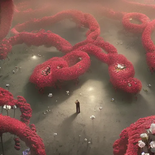 Image similar to intricate bio - organs intertwined with bio - robotic flowers, intricate environment, matte painting, cinematic, epic composition, highly detailed, atmospheric, wide angle, artstation trending