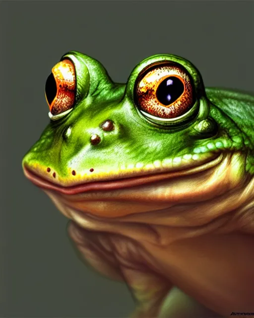 Prompt: semi realistic portrait of an anthropomorphic frog by Stanley Artgerm Lau, WLOP, Rossdraws, James Jean, Andrei Riabovitchev, Marc Simonetti, and Sakimichan, trending on artstation