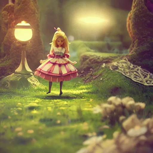 Image similar to alice, doll figurine, alice in wonderland theme, octane render 8 k, disney inspired landscape, artstation, cinematic lighting, hd, ultra realistic