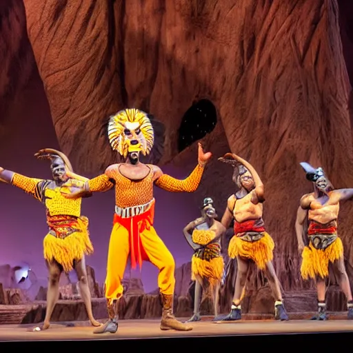 Prompt: awful costumes in the lion king stage show at disneyland, covered outdoor stage, theatrical lighting, iphone video