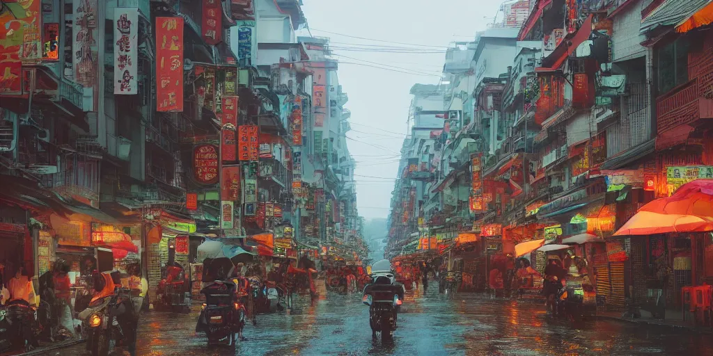 Image similar to a quiet petaling street in chinatown, kuala lumpur, pedestrians, cars, motorbikes, rainy day, matte painting, studio ghibli, artstation