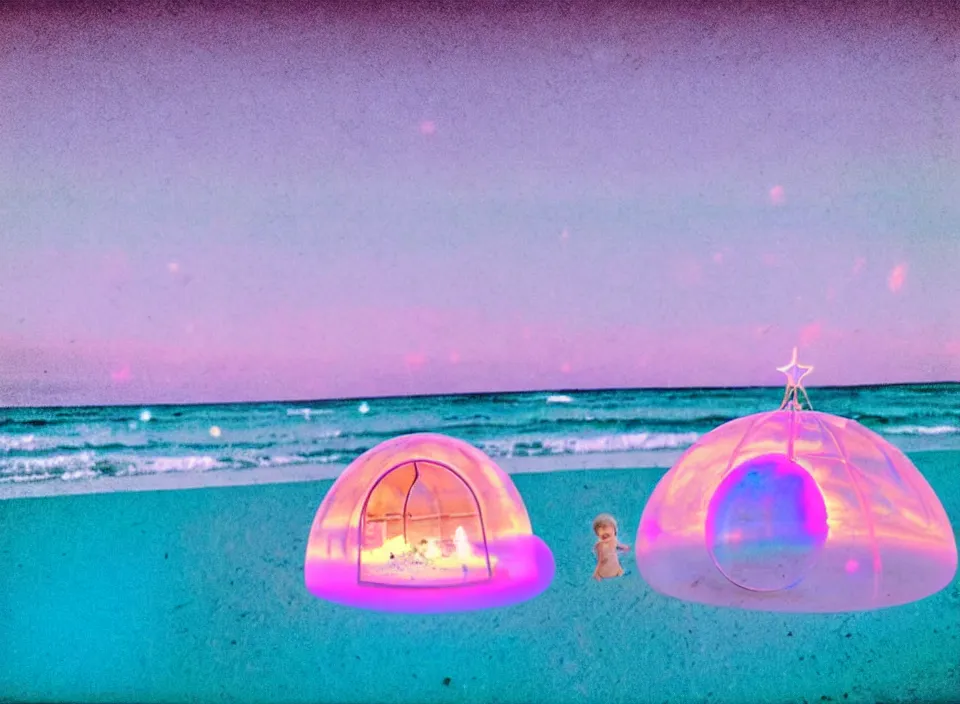 Prompt: a vintage family holiday photo of an empty beach from an alien dreamstate world with chalky pink iridescent!! sand, reflective lavender ocean water, dim bioluminescent plant life and an igloo shaped plastic transparent bell tent surrounded by holiday clutter opposite a pit with an iridescent blue flame flickering. refraction, volumetric, light.