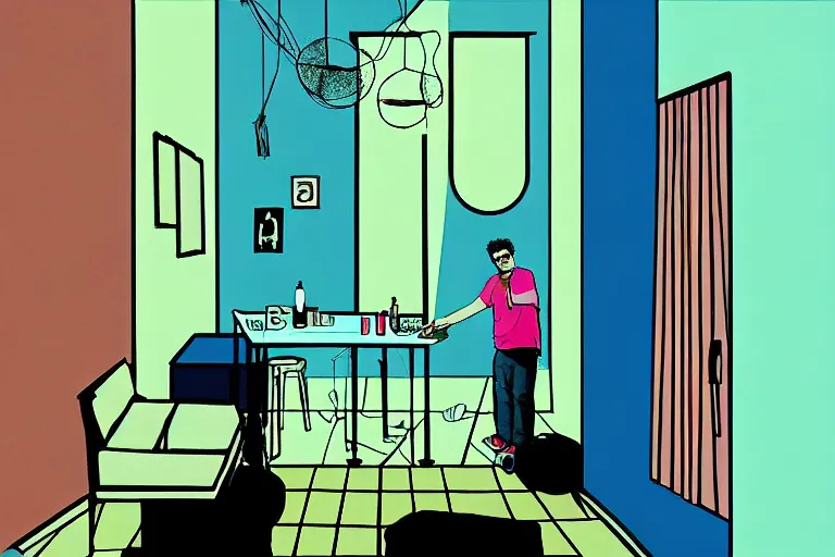 Image similar to old israeli apartment, todd solondz drinking alone, smoking, vaporwave colors, state of melancholy, romantic, dimmed lights, painting by francis bscon