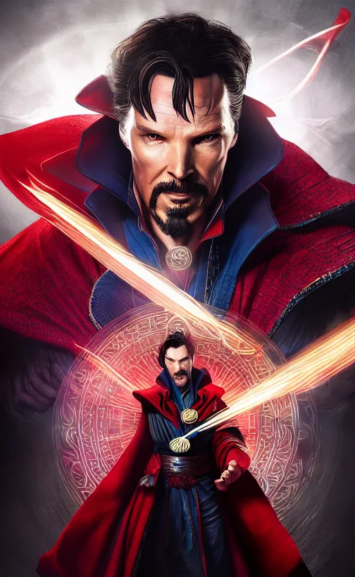 Image similar to epic doctor strange wallpaper, black and red suit, dynamic lighting, photorealistic fantasy concept art, trending on art station, stunning visuals, terrifying, creative, cinematic