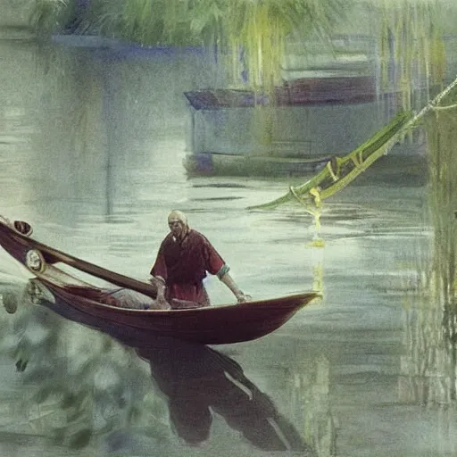 Image similar to spirited away by anders zorn placid, somber. a river scene. the river is represented by a line winding through the center of the kinetic sculpture. the banks of the river are represented by two lines, one on each side.