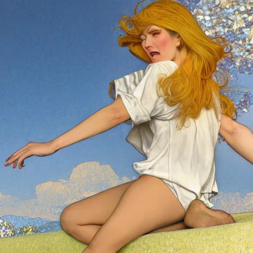 Image similar to A playful young woman with blonde long hair and bangs in shorts and a white blouse drawn by Robert McGinnis and Julie Bell and Zeronis and alphonse mucha, background by James Jean and gustav klimt, 4k, sunny day, volumetric lighting, french nouveau, trending on artstation, octane render, hyperrealistic