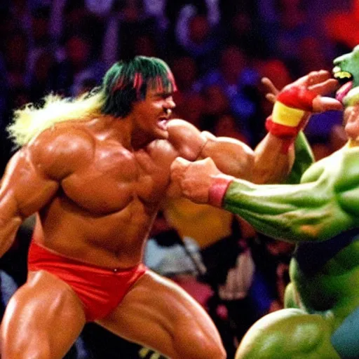 Prompt: hulk hogan body wrestling barney the dinosaur, photo shot from WrestleMania 9