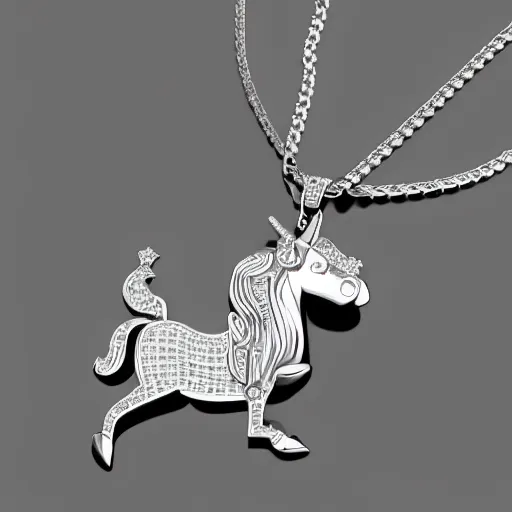 Image similar to a lovely silver cartoon unicorn necklace pendant, 3 d rendering, pandora style, tiffany style, swarovski style, van cleef & arpels style, cartier style, boucheron style, bulgari style, chaumet style, elegant, noble, stylish