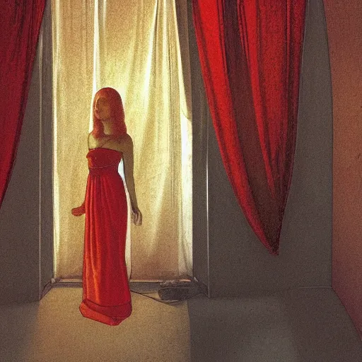 Image similar to an elegant girl in a liminal abandoned room, red and gold, old polaroid by botticelli, by moebius, digital painting, jugendstil, art noveau, strong lights, flat colors, pastel colors,