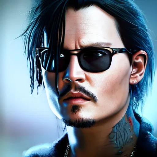 Image similar to young johnny depp portrait, Cyberpunk 2077, photorealistic, ultra detailed, cybernetic head, neon, octane, bokeh, cyber, cyber style, feature, scars, cyberface, 8k