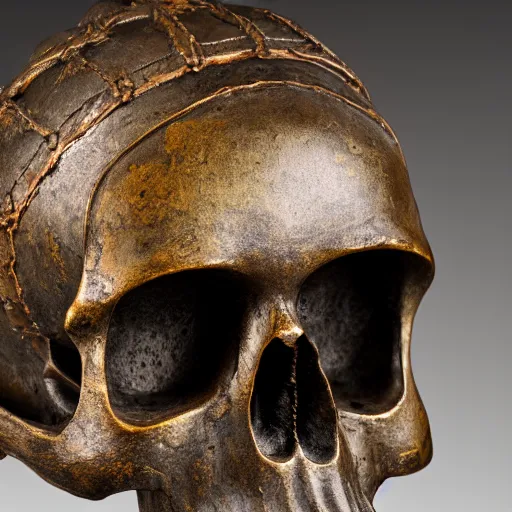 Image similar to detailed photo of an old bronze patina statue of a skull with a samurai hat, intricate detail, museum lighting