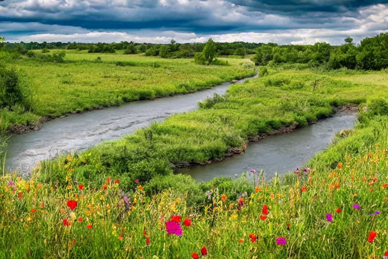 Image similar to a gorgeous, beautiful, amazing landscape with a river running through a beautiful prairie full of wildflowers
