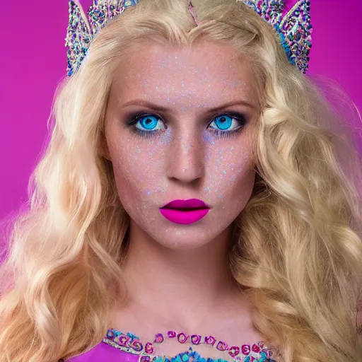 Prompt: close up headshot of a princess with long blonde hair and (blue) eyes wearing a strapless elaborately beaded pink dress, high resolution film still, 8k, HDR color, film by Simon Langton and David Frankel, triangular face, (freckles), round narrow chin, straight jawline, light pink lipstick