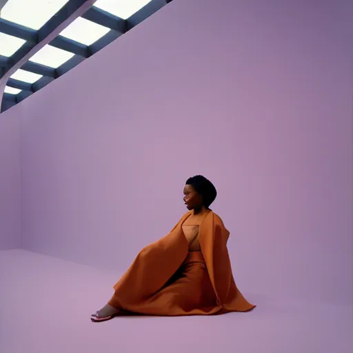 Image similar to realistic photoshooting for a new balenciaga lookbook, color film photography, portrait of a beautiful woman, location in a set design by james turrell, in style of Tyler Mitchell, 35mm,