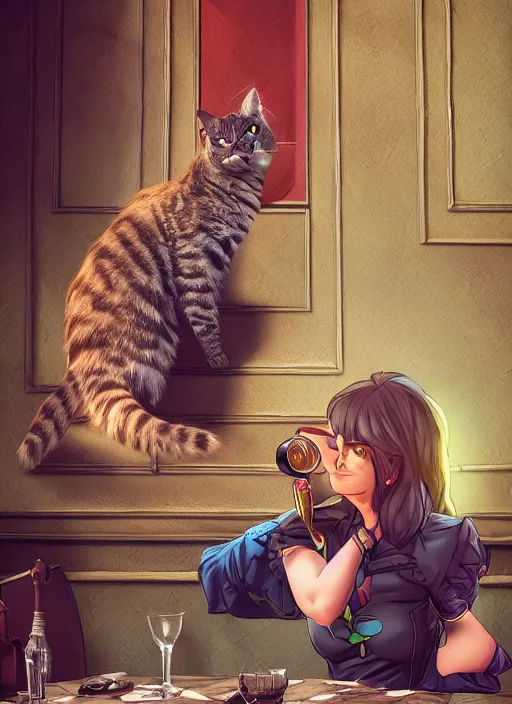 Image similar to An epic fantasy comic book style portrait painting of a cat drinks wine in cafe background, unreal 5, DAZ, hyperrealistic, octane render, cosplay, RPG portrait, dynamic lighting