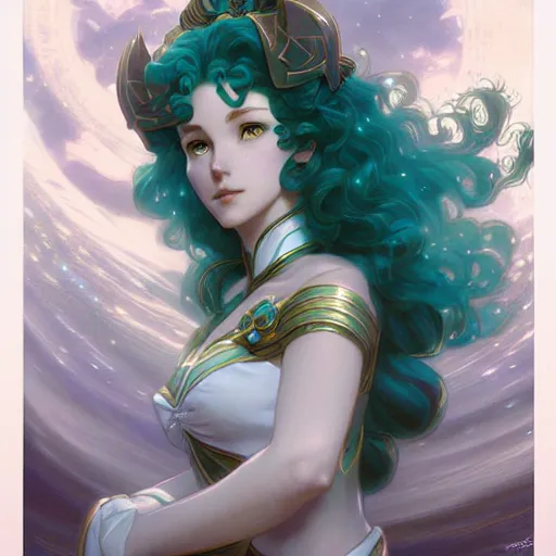 Prompt: Sailor Neptune, fantasy, intricate, elegant, highly detailed, digital painting, artstation, concept art, matte, sharp focus, illustration, art by Artgerm and Greg Rutkowski and Alphonse Mucha