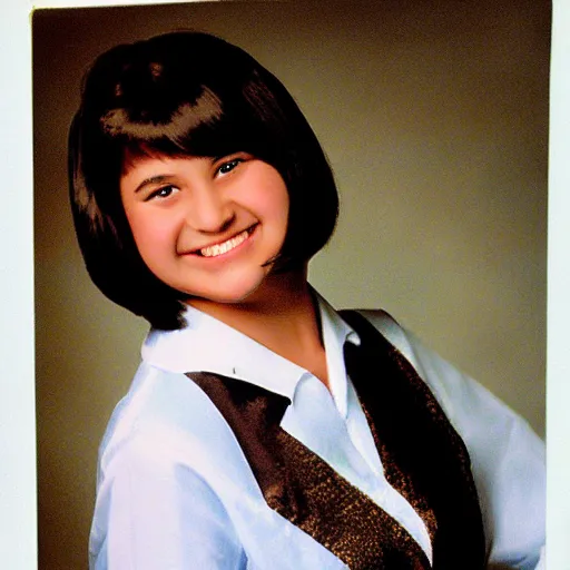 Prompt: Yearbook photo of a prissy looking chubby girl in her late teens with a fancy outfit and dark brown hair in a bob cut smiling smugly