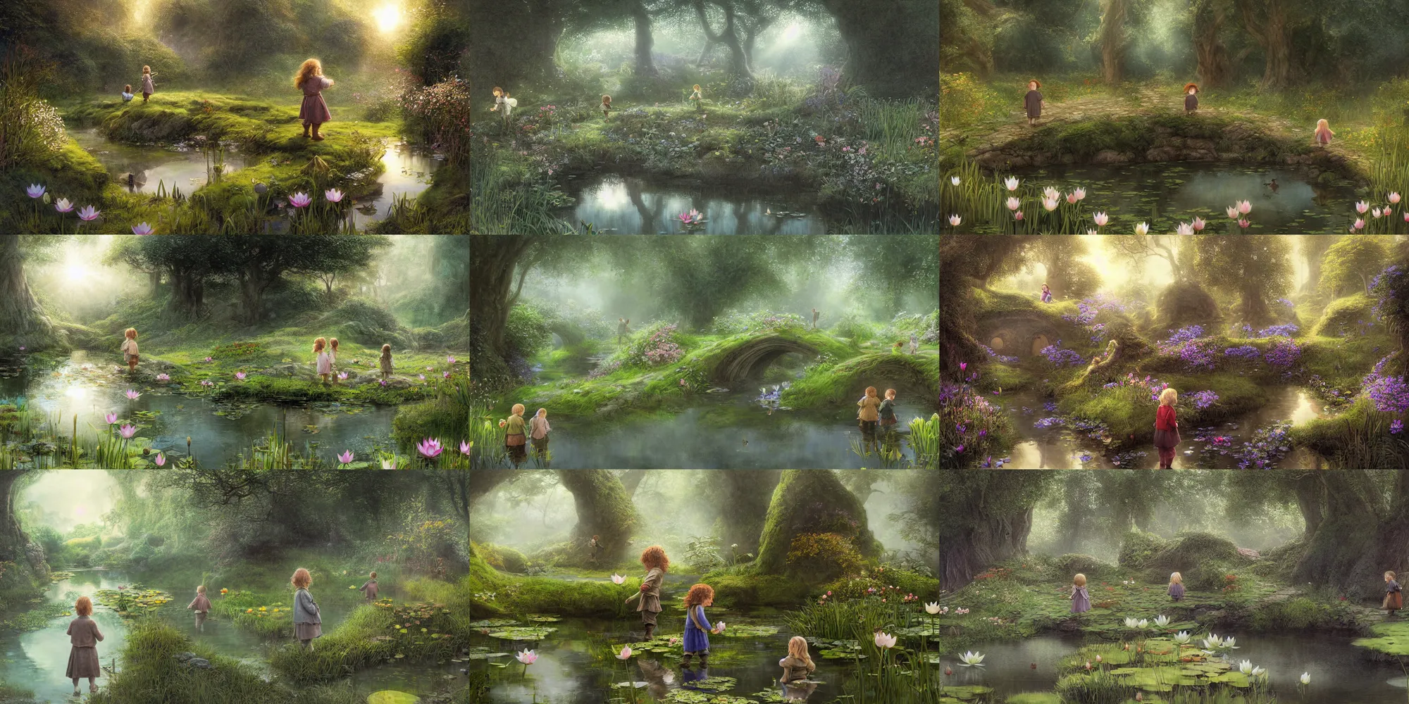 Prompt: two hobbit children backlit carrying flowers near a mirror like pond, by alan lee, springtime flowers and foliage in full bloom, lotus flowers on the water, dark foggy forest background, sunlight filtering through the trees, digital art, art station.