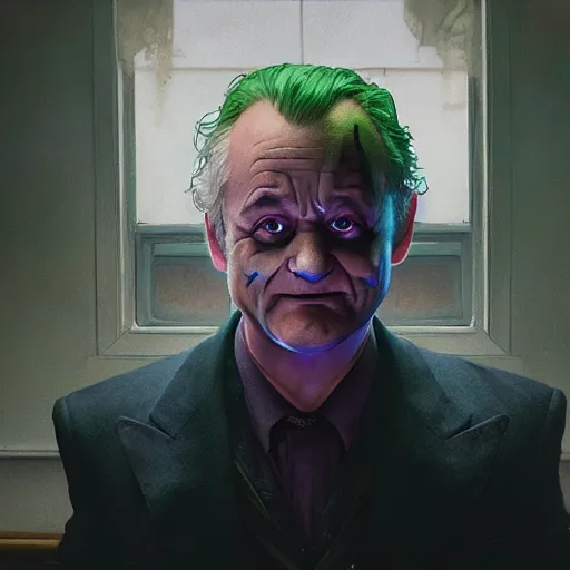 Image similar to bill murray as the joker, highly detailed vfx portrait, unreal engine, greg rutkowski, loish, rhads, caspar david friedrich, makoto shinkai and lois van baarle, ilya kuvshinov, rossdraws, elegent, tom bagshaw, alphonse mucha, global illumination, detailed and intricate environment.