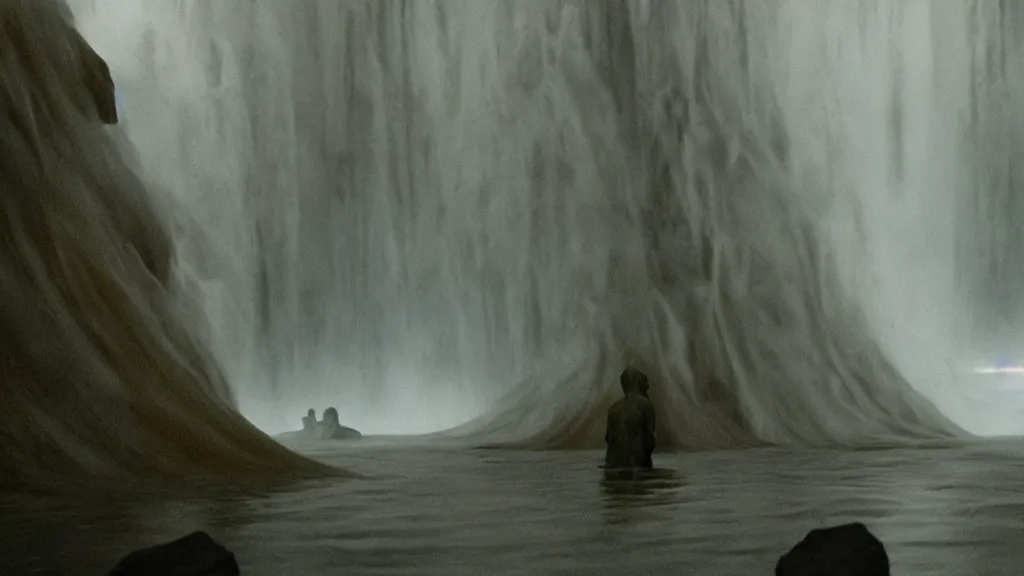 Image similar to ghosts in a waterfall, film still from the movie directed by Denis Villeneuve with art direction by Zdzisław Beksiński, wide lens