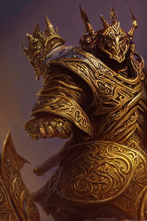 Image similar to dynamic photography portrait of a dungeons and dragons level's boss , intricate ornate armor, subject in the middle of the frame, rule of thirds, golden ratio, elegant, digital painting, octane 4k render, zbrush, hyperrealistic, artstation, concept art, smooth, sharp focus, illustration from Warcraft by Ruan Jia and Mandy Jurgens and Artgerm and William-Adolphe Bouguerea