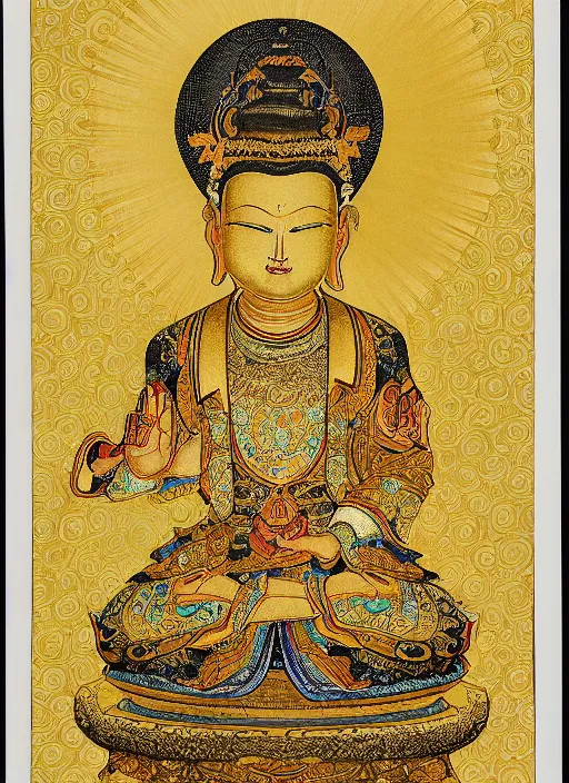 Image similar to detailed illustration of an anthropomorphic asian black bear Buddhist bodhisattva, seated in royal ease, 0.1 black micron pen, gilded gold halo behind head, highly detailed, fine pen work, religious iconography,