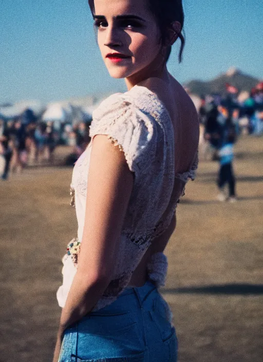 Image similar to Retro color photography portrait of Emma Watson at Cochella 2019 Cinestill 800T, 1/2 pro mist filter, and 65mm 1.5x anamorphic lens