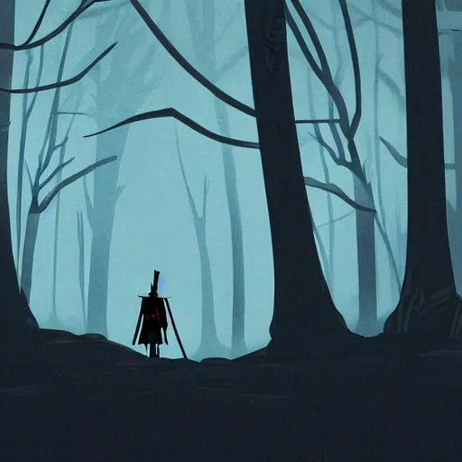 Prompt: samurai jack walks alone through the woods at night, gloomy, dark, foggy, night, ominous, dark color, atmospheric, cinematic lighting, intricate detail?