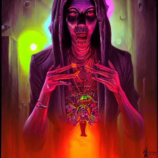 Image similar to a death tarot featuring a haitian voodoo priestess with menacing eyes and long sharp fingernails, blacklight neon colors, by anton semenov and android jones in cyberpunk voodoo style, oil on canvas, 8k