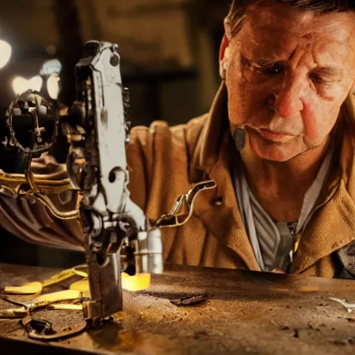 Image similar to inspecting intricate gun made from rusted cutlery, balding older cyborg with jeweller's loupe for eyes, with orange led light, smoking soldering iron, dark messy cluttered workshop, dark, dramatic lighting, cinematic, highly detailed, sci - fi, futuristic, movie still from blade runner