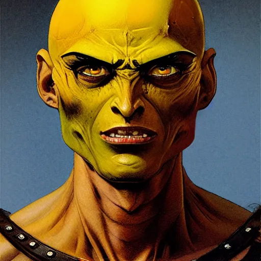 Image similar to ( ( ( head and shoulders portrait of a gaunt noseless yellow - skinned bald githyanki warrior in a breastplate ) ) ), greg rutkowski, frank frazetta, alexandre chaudret, boris vallejo, michael whelan, miro petrov, hr giger, magali villeneuve, donato giancola, d & d, fantasy, medieval