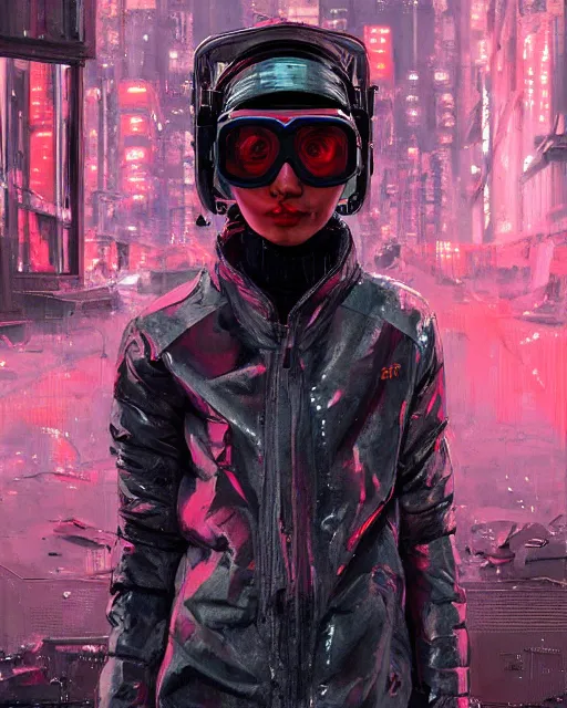 Image similar to detailed portrait neon guard girl with goggles seen from the back, cyberpunk futuristic, reflective puffer jacket, black leggings, decorated with traditional ornaments in front of a dystopian street with piles of garbage by ismail inceoglu dragan bibin hans thoma, perfect face, fine details, realistic shaded, fine - face, pretty face