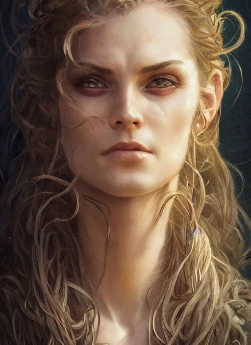 Prompt: realistic lighting, close up portrait of a ruggedly handsome female witch, soft hair, half body, leather, d & d, fantasy, intricate, elegant, highly detailed, digital painting, artstation, concept art, smooth, sharp focus, illustration, art by artgerm and greg rutkowski and alphonse mucha