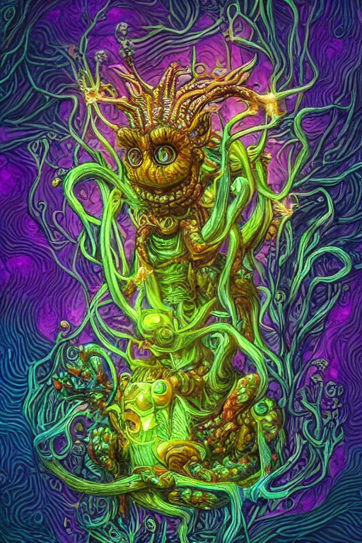 Image similar to creature sushi roots cactus elemental flush of force nature micro world fluo light deepdream a wild amazing steampunk baroque ancient alien creature, intricate detail, colorful digital painting radiating a glowing aura global illumination ray tracing