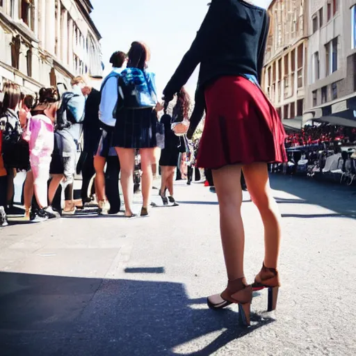 Image similar to the camera is aimed at a girl dressed in a short skirt, view from below