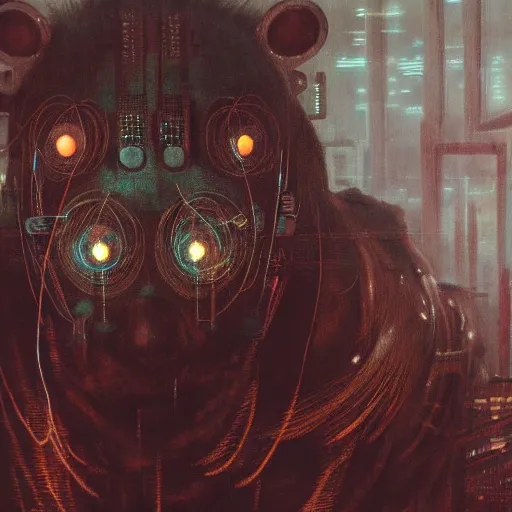 Image similar to cyberpunk dystopian cyborg hyena, wires and glowing lights, beksinski style, realism