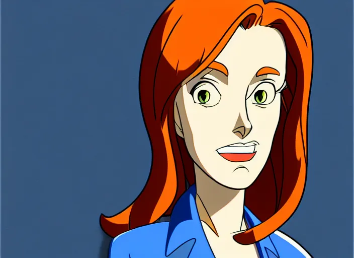 Prompt: a shaded animation cel of dana scully, sharp detail, realistic anatomy, in the style of western cartoons, by don bluth, filmation, toei animation, studio trigger, studio ghibli, 5 k, artstation trending