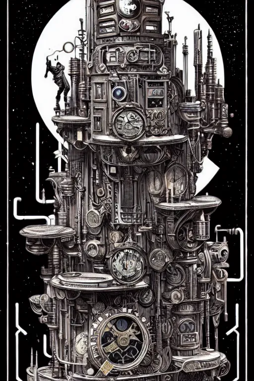 Image similar to a majestic steampunk alchemists bookshelf, two point perspective, furniture, high details, bold line art, by vincent di fate and joe fenton, inking, etching, screen print, masterpiece, trending on artstation, sharp, high contrast, hyper - detailed,, hd, 4 k, 8 k