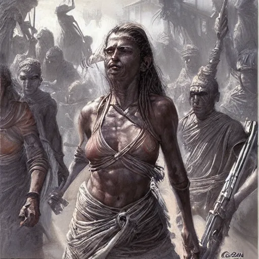 Prompt: woman among the horde, by James Gurney