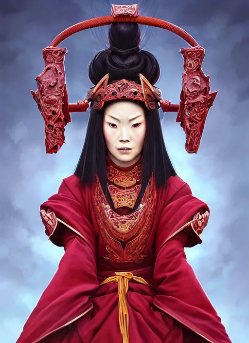 Image similar to portrait of a deadly samurai queen in blood red robes, hyperborea lemuria, legendary, pixar doll decollete deep focus, d & d, fantasy, intricate, elegant, highly detailed, digital painting, artstation, concept art, matte, sharp focus, illustration, hearthstone, art by rhads by artgerm and greg rutkowski and alphonse mucha