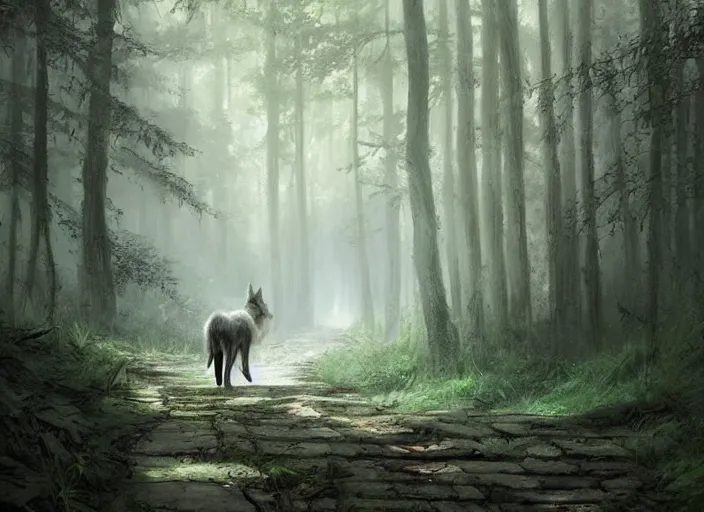 Image similar to a beautiful wolf on a pathway in a forest, lush trees, a fantasy digital painting by greg rutkowski and james gurney, trending on artstation, highly detailed