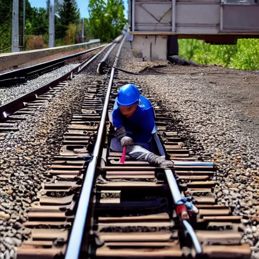 Image similar to working on train rails, hit and sunny day, very tired workers, slave, amazing deep photo, large, cool colors