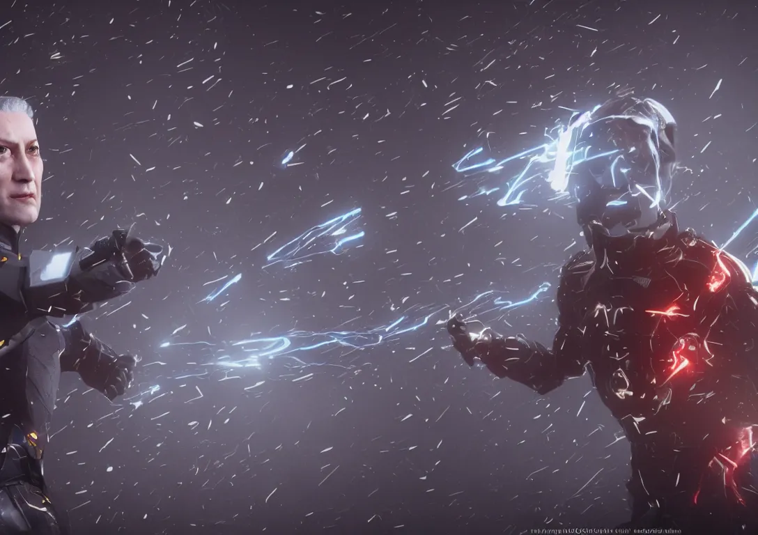 Image similar to Commander Data fighting with Homelander, 8k, octane render, cinematic lighting, epic, trending, majestic,